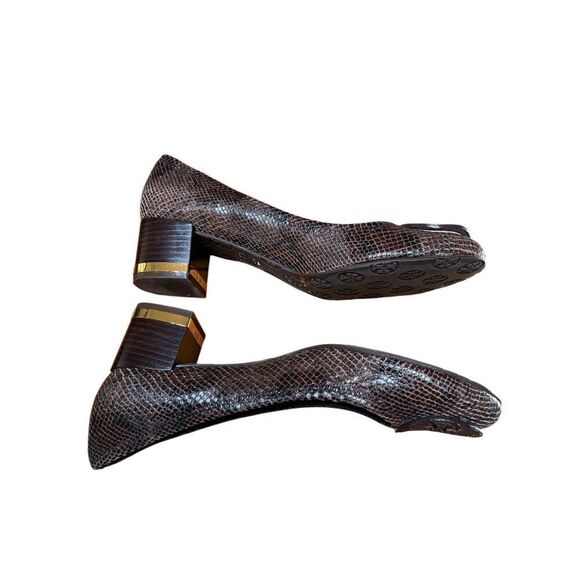 NWOB Tory Burch Amy Brown Snake Skin Leather Block Low Heels 10.5 US - Picture 4 of 16